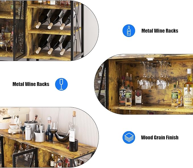 55" Wine Bar Cabinet with LED Light, Wine Rack & Glass Holder, Mesh Doors & - Image 5