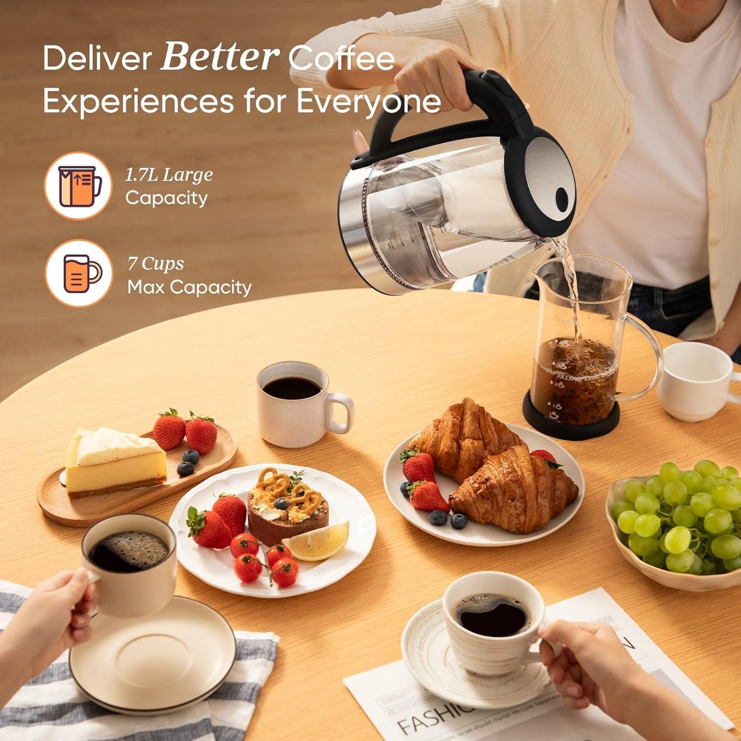 Cosori Electric Kettle, No Plastic Filter & Spout, 1.7L Tea Kettle & Hot Water Boiler For Coffee & Tea, Water Heater & Teapot, Automatic Shut Off, Borosilicate glass, Black, 1500W
