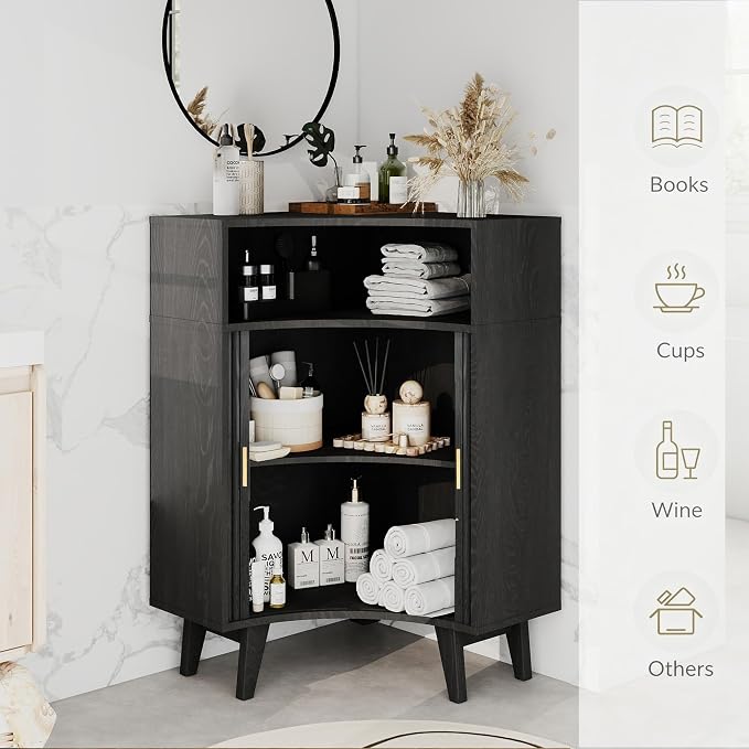 Fluted Corner Cabinet with Open Storage, Modern Floor Cabinets with Sliding - Image 5