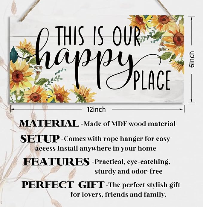 Sunflower Theme Wood Decor Sign, This Is Our Happy Place, Hanging Printed - Image 2