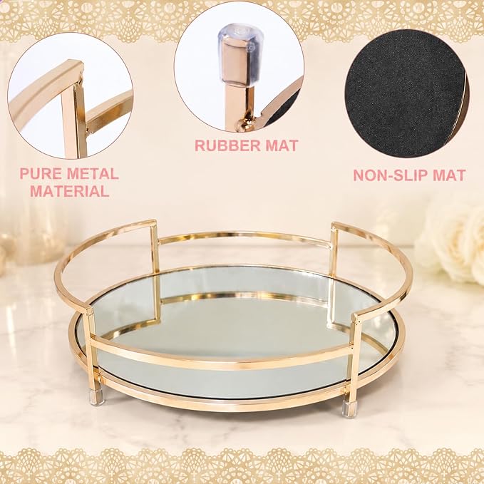 Round 12" Mirror Decor & Golden Tray, Metal Mirror Serving & Glass Vanity & - Image 5