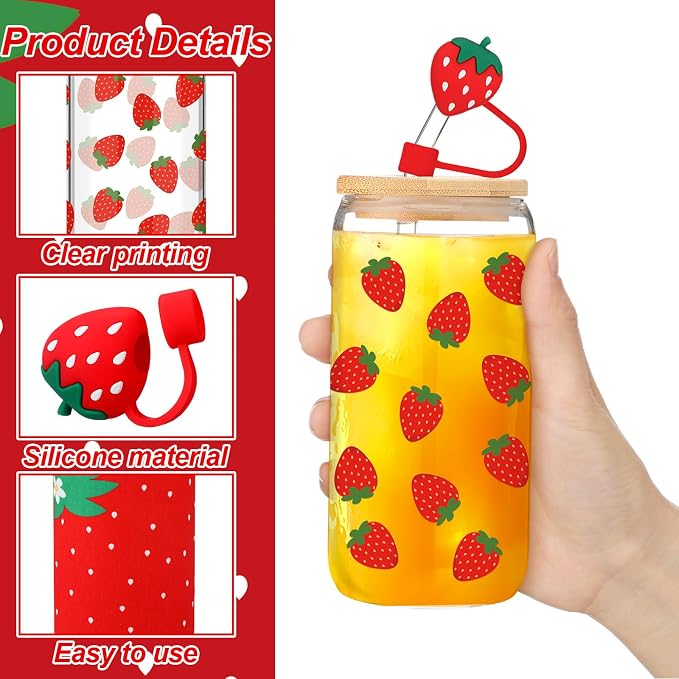 Reallnaive Strawberries Gifts for Women 16 oz Aesthetic Iced Coffee Cup Glass - Image 3