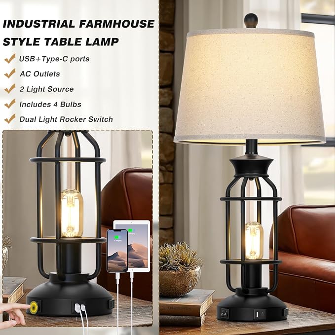 28" Vintage Table Lamps with USB C+A Ports & AC Outlet, Industrial Farmhouse - Image 4