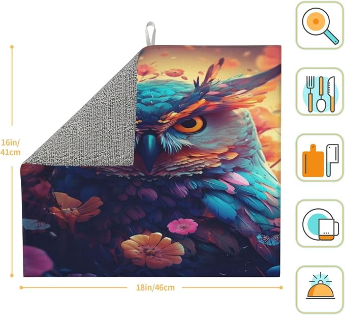 Dish Drying Mat For Kitchen Counter Fast Dry Dish Mat Colorful Owl Flowers - Image 5