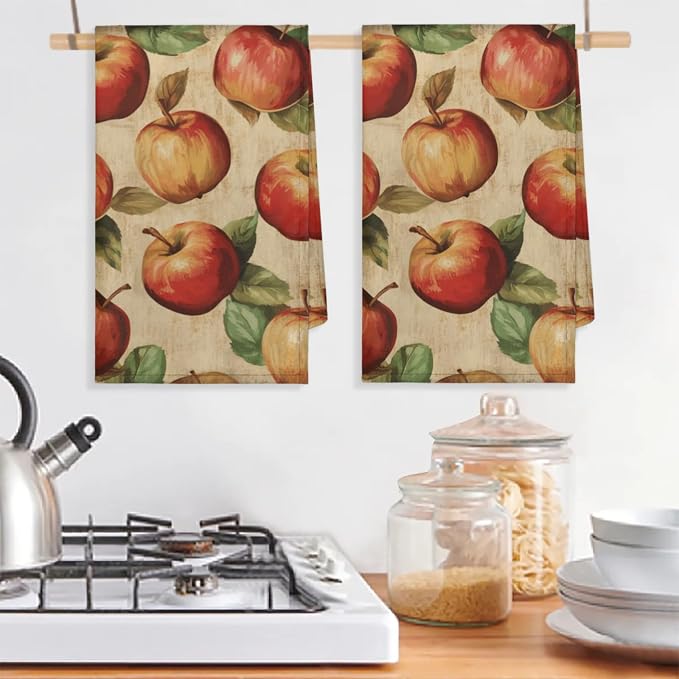 Vintage Apples Kitchen Towels Set of 2 Brown Fruits Dish Towels Bar Absorbent - Image 5
