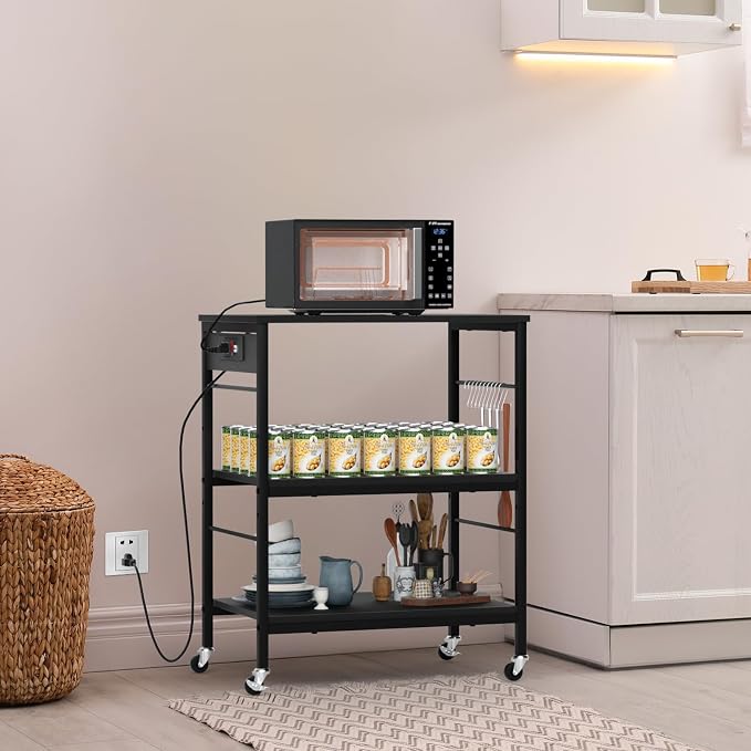 Bakers Rack with Power Outlet Microwave Shelf Stand Black Coffee Bar Table Cart - Image 2