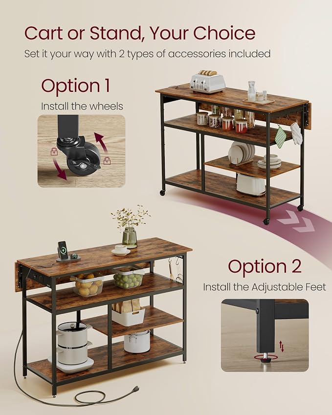 VASAGLE Kitchen Island with Drop Leaf, 47.2" Width Rolling Kitchen Cart with - Image 5