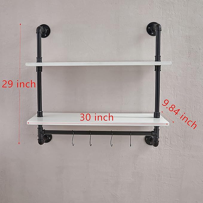 ROGMARS White Floating Wall Shelves Industrial Pipe Shelving 30 Inch Wood - Image 2