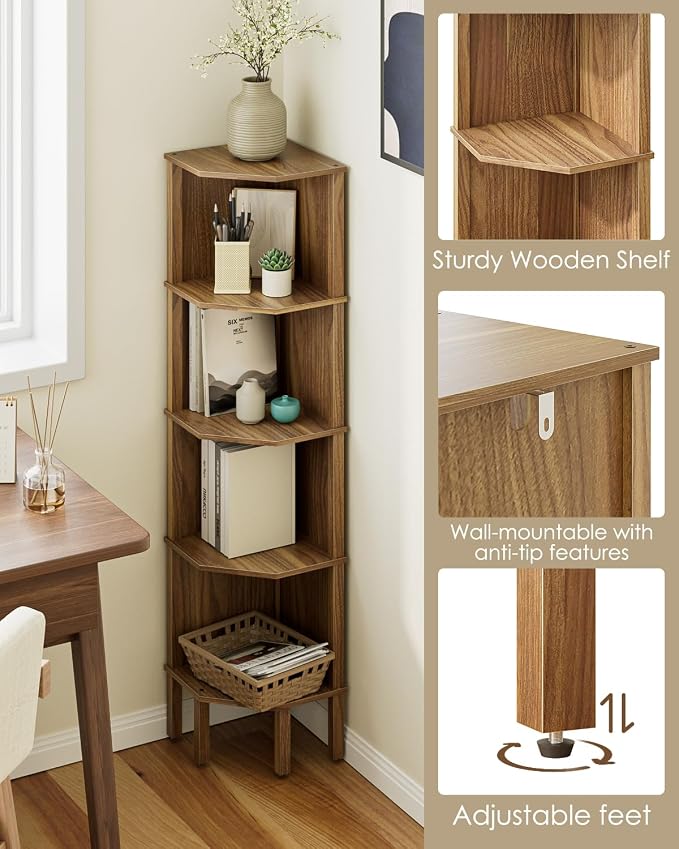 Corner Shelf, 5 Tier Corner Bookshelf, Display Corner Shelf Stand - Image 5