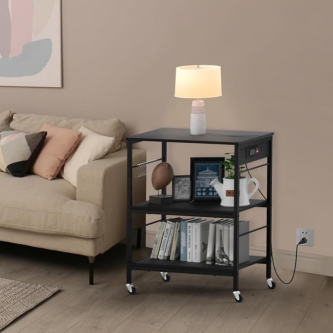 Bakers Rack with Power Outlet Microwave Shelf Stand Black Coffee Bar Table Cart - Image 5
