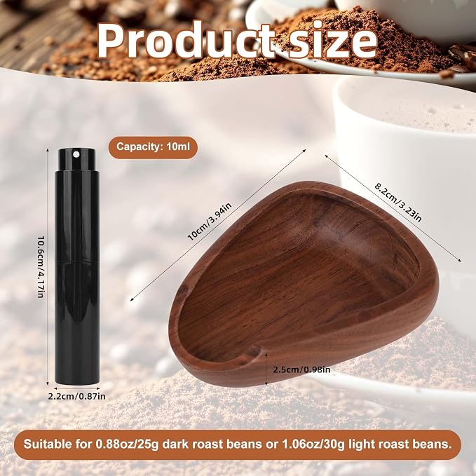 Coffee Bean Dosing Cup and Spray Bottle Set, Walnut Wood Bean Measuring Tray - Image 2