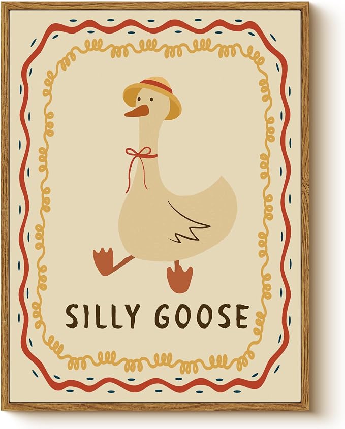 Funny Silly Goose 12x16 Inch Framed Canvas Wall Art, Playful Cute Cartoon by WHASAYART