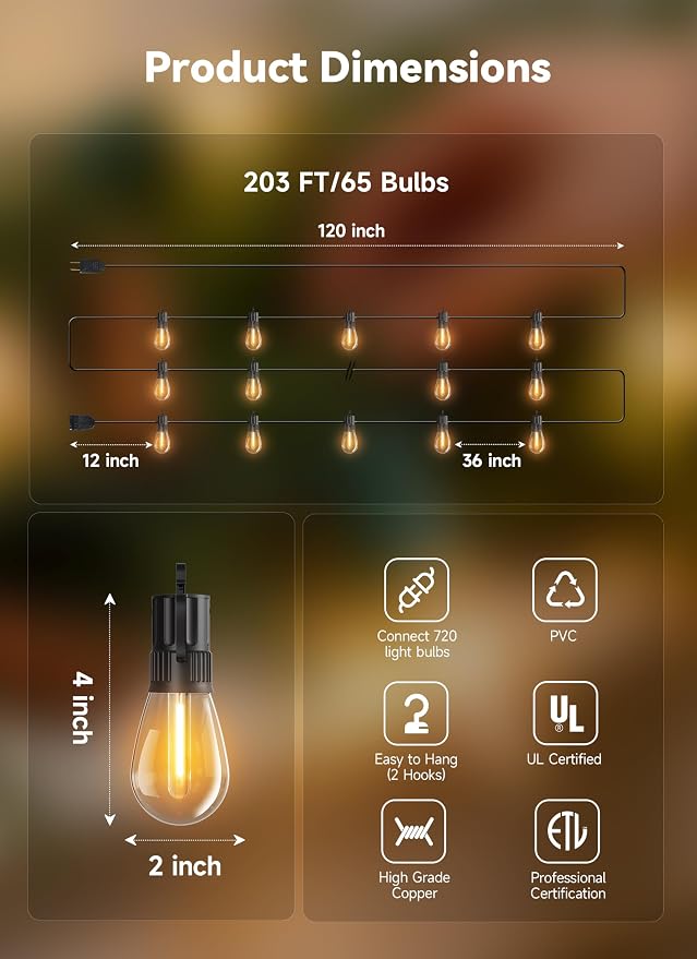 Minetom 203FT Outdoor String LED Patio Lights Waterproof, Shatterproof S14 - Image 3