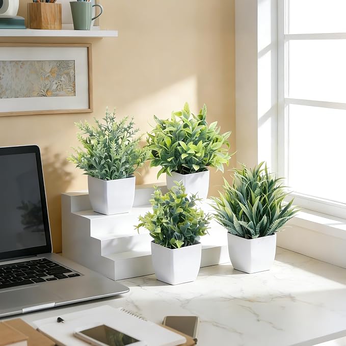CEWOR Fake Plants 4 Packs Small Artificial Plants Mini White Potted Greenery - Image 3