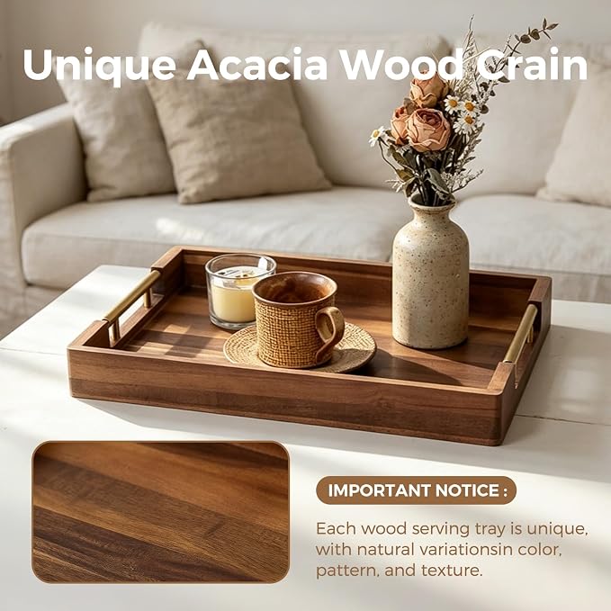 Acacia Wood Serving Tray with Golden Handles, 17x12 in Large Wooden Tray - Image 5