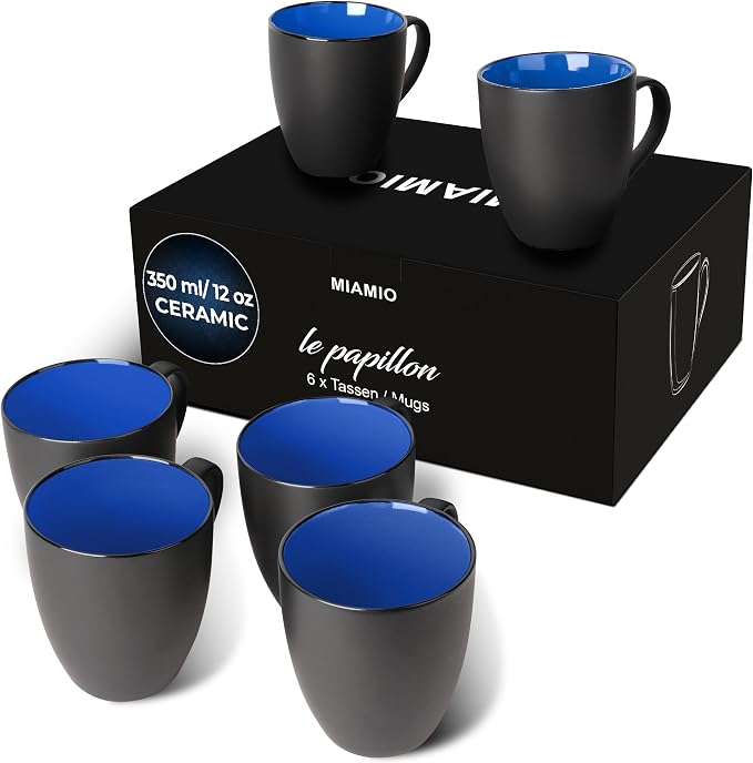 MIAMIO - Set of 6 Stoneware Coffee Mugs 12 Ounce/Cup Set - Le Papillon by MIAMIO