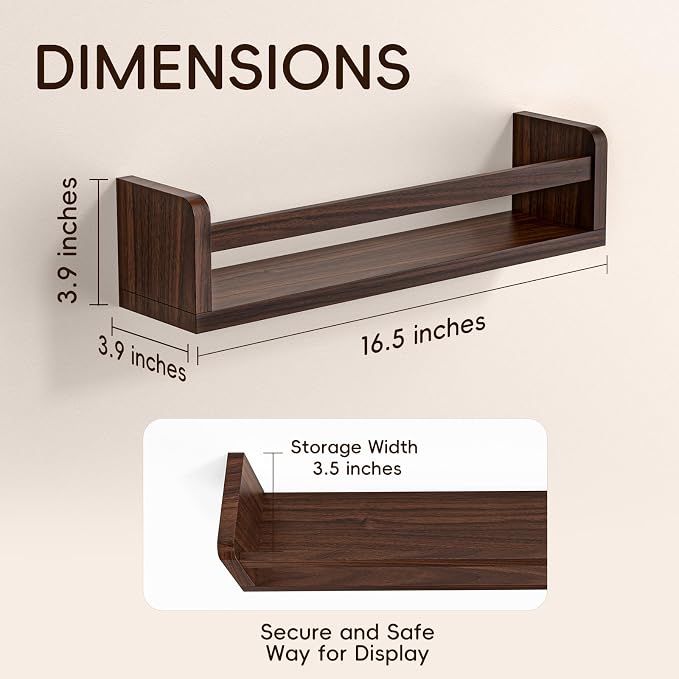 Floating Wall Nursery Book Shelves, 16.5 Inch, Walnut Color, Wall Mounted - Image 3