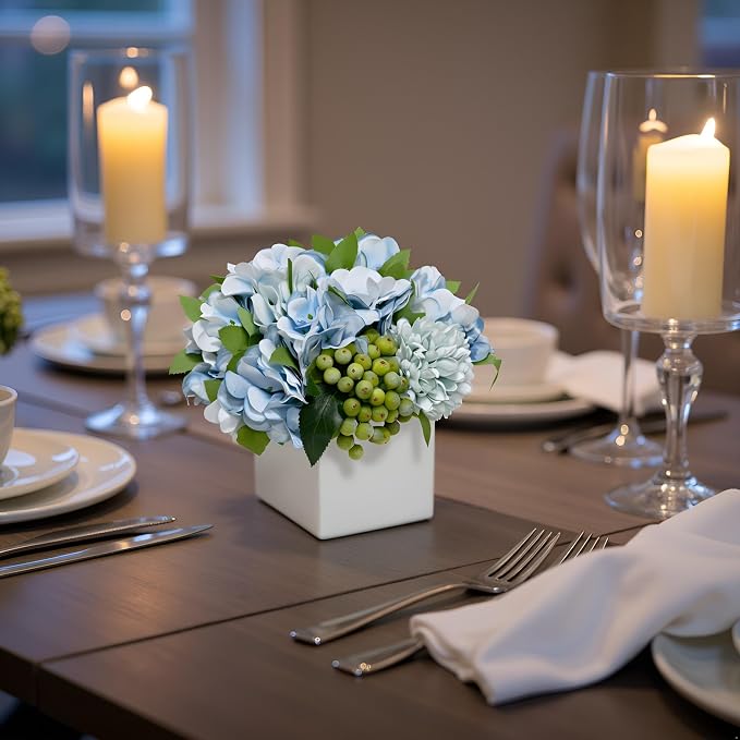 LADADA Fake Flowers in Ceramic Vase, Faux Hydrangea Flower Arrangements - Image 4