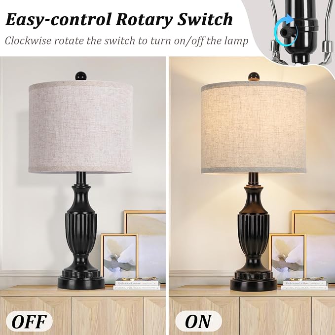 TOBUSA Farmhouse Living Room Table Lamps Set of 2, Matte Black Rustic Vintage - Image 2