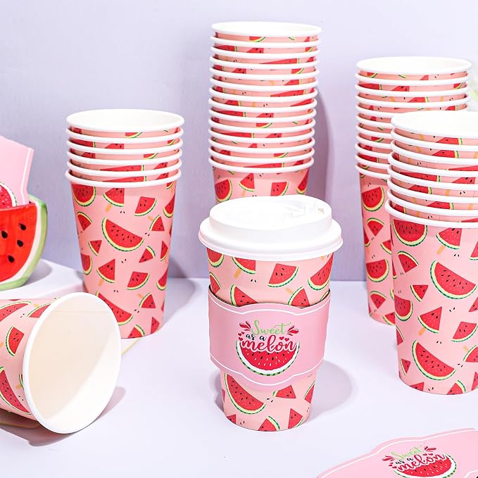 Whaline 50 Set Summer Watermelon Disposable Coffee Cups - Image 4