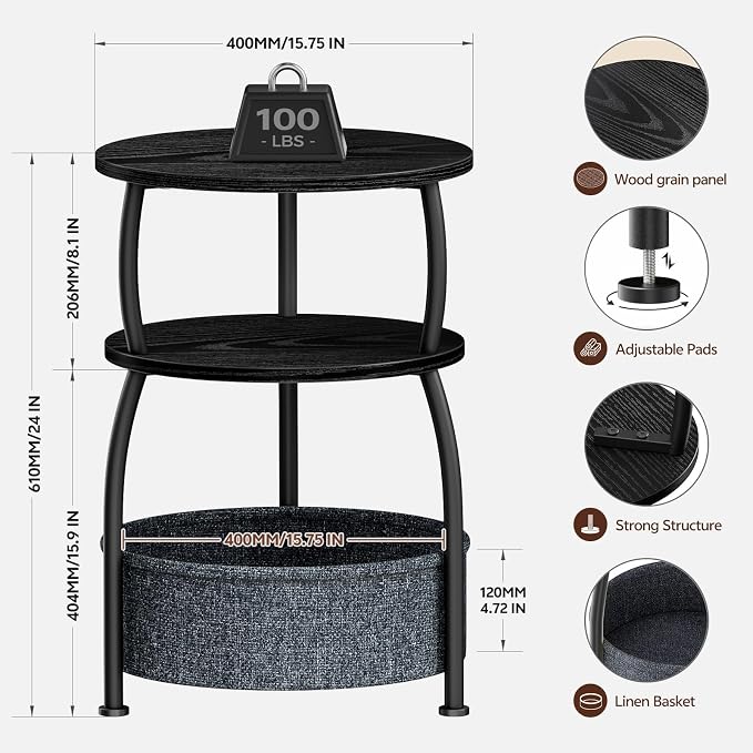 Round Side Table with Storage Basket, End Table Living Room, Bedside Table - Image 9