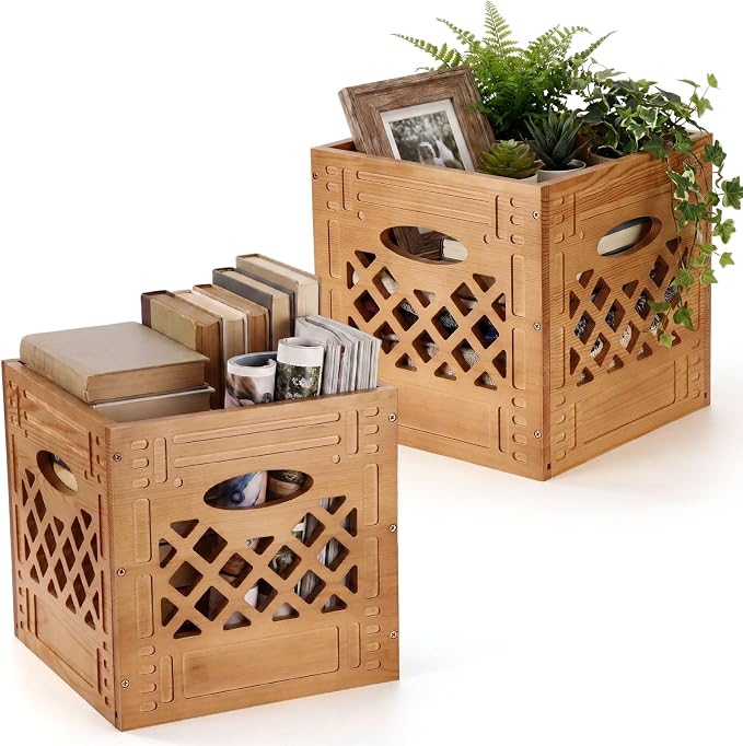 Geelin 2 Pack Wooden Milk Crate, Decorative Farmhouse Basket Organizer - Image 8