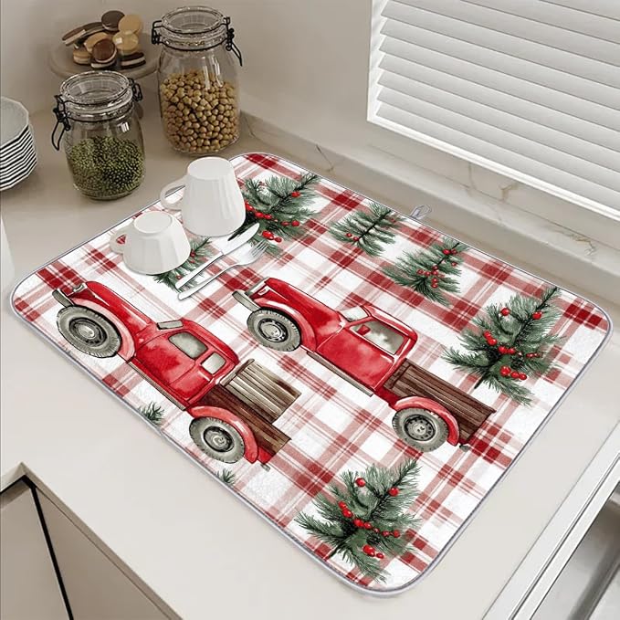 Plaid Christmas Pattern With Trucks Dish Drying Mat, Kitchen Counter Quick Dry - Image 6
