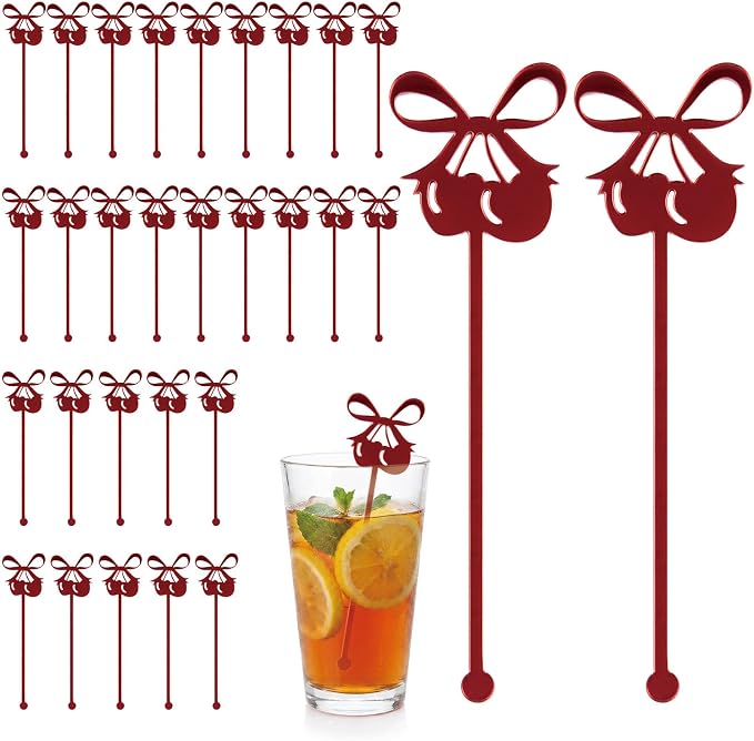 30 PCS 6 Inch Mirror Red Bow Cherry Drink Stirrers, Acrylic Swizzle Sticks by Unknown