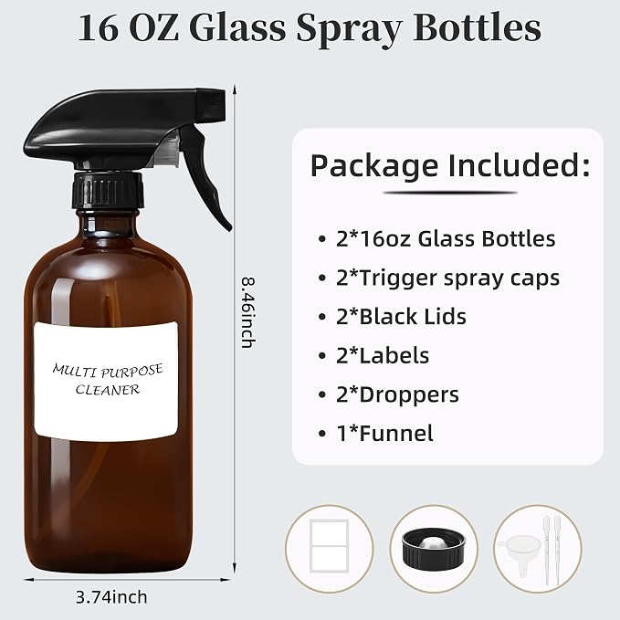 Amber Glass Spray Bottles 16 oz, 2 Pack | Refillable Empty Spray Bottles - Image 2