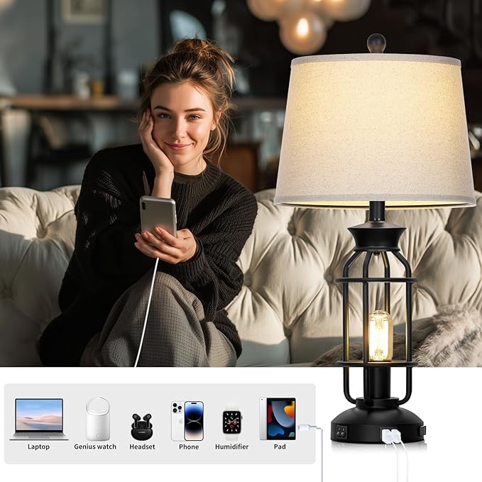28" Vintage Table Lamps with USB C+A Ports & AC Outlet, Industrial Farmhouse - Image 2