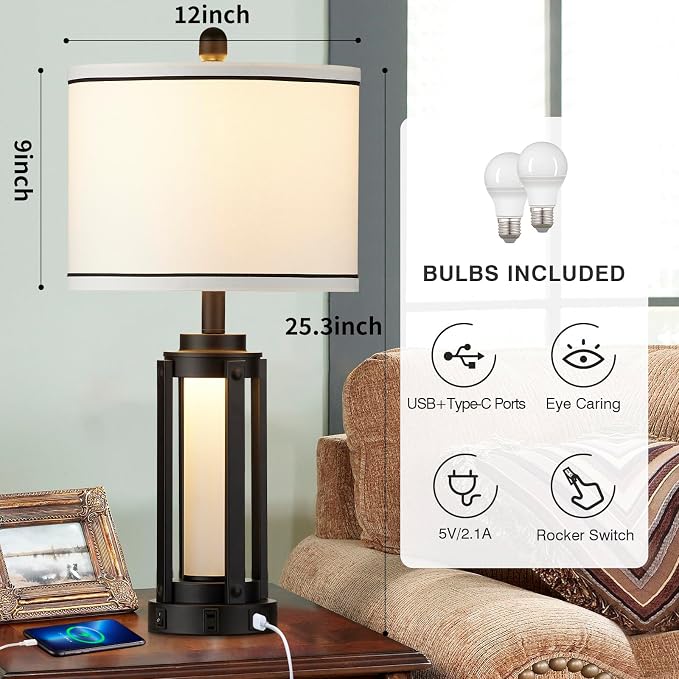 25" Modern Table Lamps Set of 2, Industrial Beside Lamps - Image 5