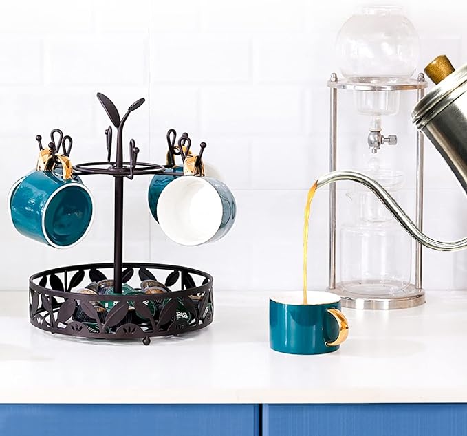 Coffee Mug Holder with Coffee Pod Basket Storage, Rotatable 6-capacity Cup Mug - Image 3
