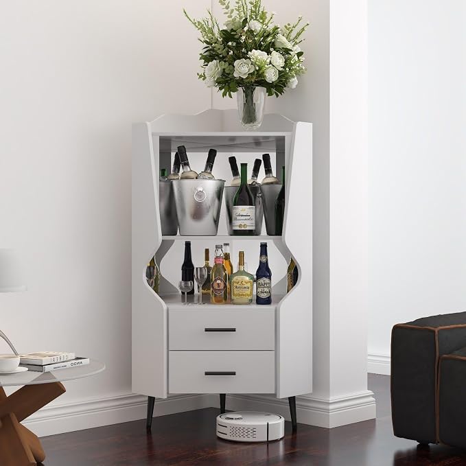 Corner Bar Cabinet with Mirrored Back, Sideboard Cabinet with 2 Open Shelves & - Image 2