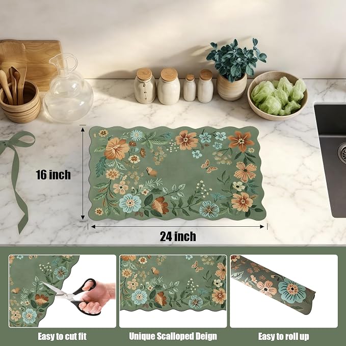 Scalloped Bohemian Boho Floral Flower Coffee Bar Mat Dish Drying Mats - Image 4