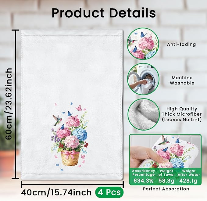 CUTHOLLOW Hydrangea and Hummingbirds Decorative Kitchen Towels Set of 4 - Image 2