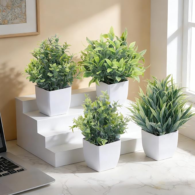 CEWOR Fake Plants 4 Packs Small Artificial Greenery Mini White Potted Plants - Image 3