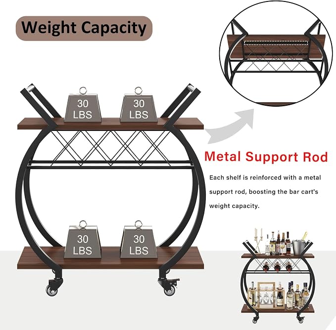 LVB Modern Gold Bar Cart, Industrial Rolling Serving Wine Cart - Image 4