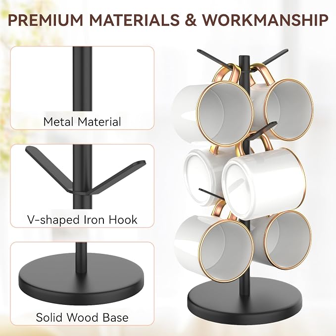Coffee Mug Tree Holder Countertop, Non-Slip Walnut Wood Mug Rack - Image 3