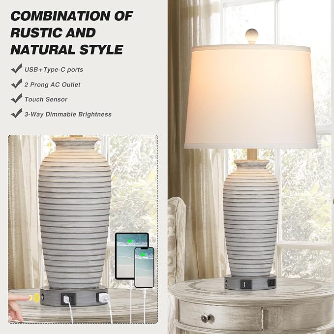 CINSARY 25" Farmhouse Jar Table Lamps Set of 2, 3 Way Touch Control Rustic - Image 4