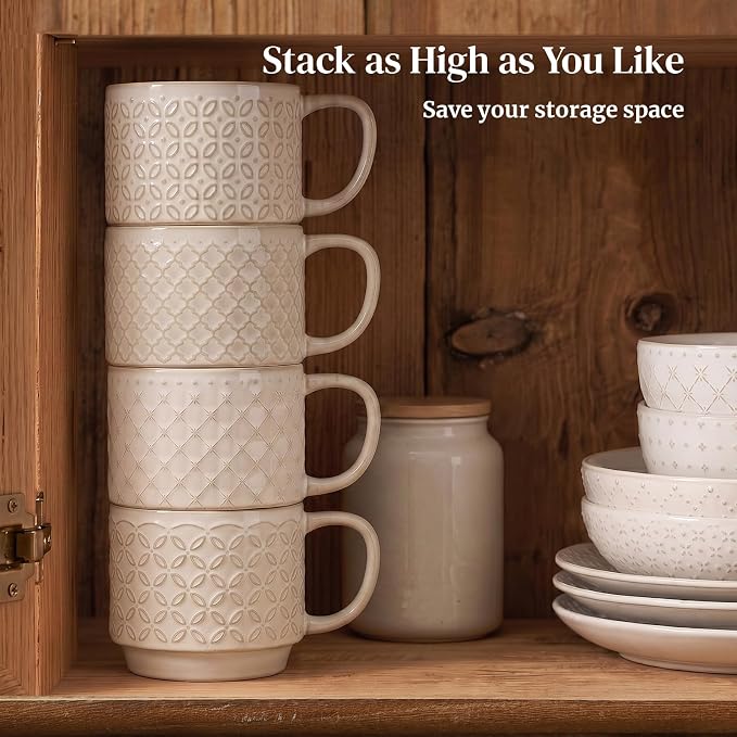 DOWAN 12oz Coffee Mugs Set of 4, Ceramic Coffee Mugs, Stackable Cappuccino Cups - Image 6