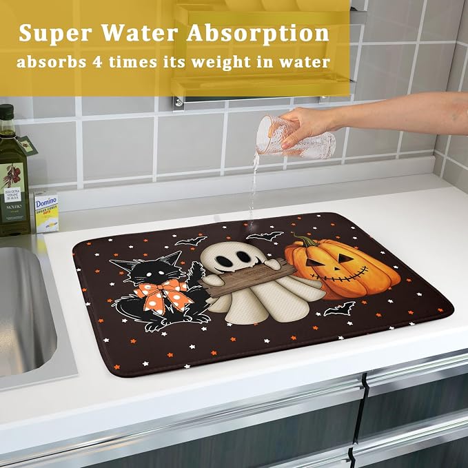 Giwawa 18"x24" Halloween Dish Drying Mat Spooky Pumpkin Ghost Black Cat Bats - Image 7