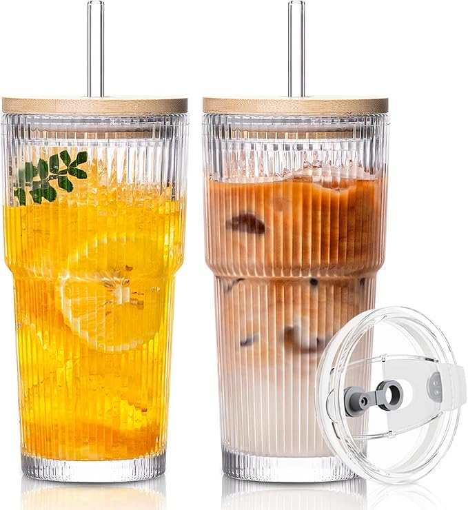 SoulTimes 20oz Glass Cups with Lids and Straws, Ribbed Glass Tumbler by SoulTimes