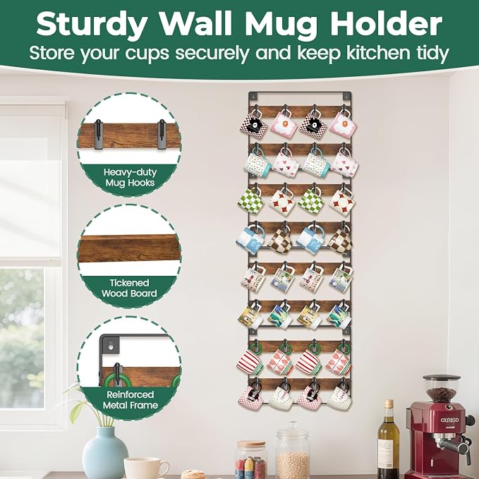 EsLuker.ly Mug Holder Hanger Rack Wall Mounted Wooden 4 Pack Coffee Cup Storage - Image 6