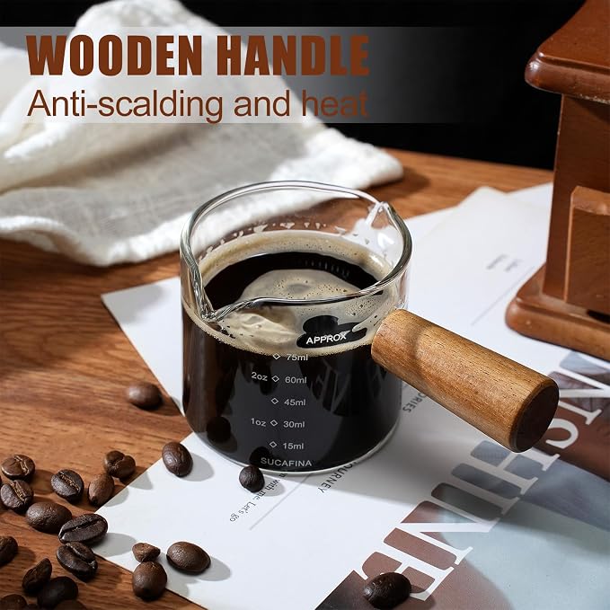 2 Pack Espresso Cups with Wood Handle, 75ML Double Spout Glass Measuring Cup - Image 5