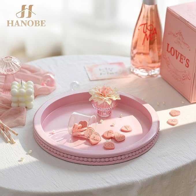 Hanobe Pink Tray Decorative Round: Beaded Perfume Trays Decor - Image 3