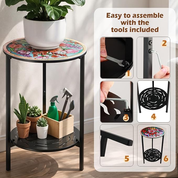 2-Tier Metal Round Side Table Accent Coffee Tables Small Space Corner Plant - Image 4