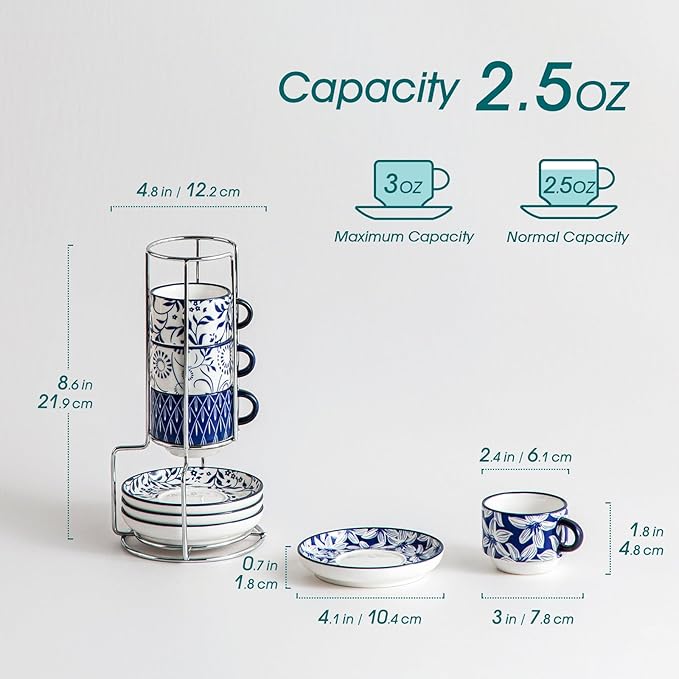 vancasso 2.5OZ Espresso Cups Set of 4, Porcelain Stackable Cappuccino Cups - Image 3