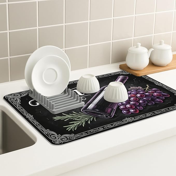 Wine Inspired Dish Drying Mats for Kitchen Counter, Vintage Black Grapes - Image 4