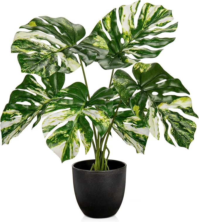 Briful Fake Plants Variegated Monstera Leaves Faux Plant Indoor in Black Pot by Briful