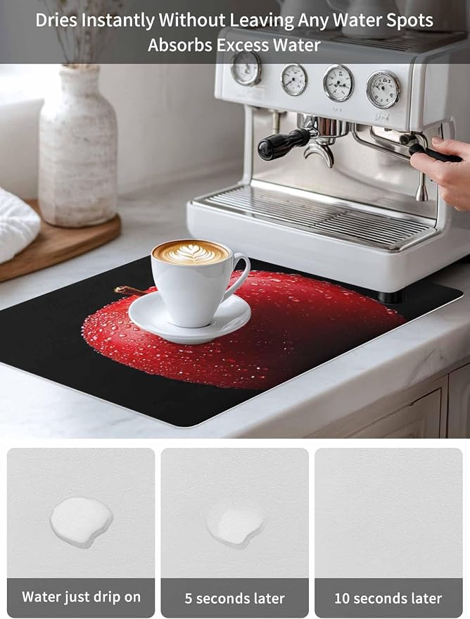 Coffee Mat 12x20in, Coffee Maker Pad Red Apples on Black Absorbent Non-slip - Image 6